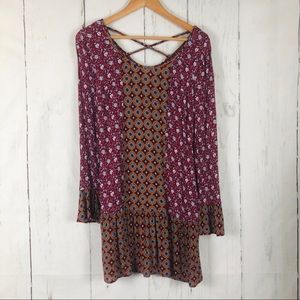 Xhilaration Dress Women XS Maroon Boho Criss Cross Back Mixed Floral Print Fall